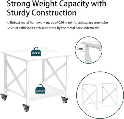 Printer Stand, 23.6 x 23.6 Inches Large Printer Stand with Storage Shelf, 2 Tier Printer Table for Home Office, Rolling Printer Cart with Industrial Wheels, Mini Fridge Stand Table, White