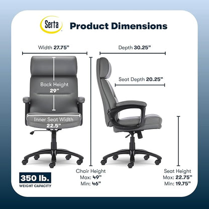 Serta Comfort Executive Big & Tall Office Chair, Ergonomic High-Back Computer DeskChair, Semi Plush Cushion Seat, Soft Padded Armrests, SertaQuality Foam, Metal Swivel Base, Bonded Leather, Gray