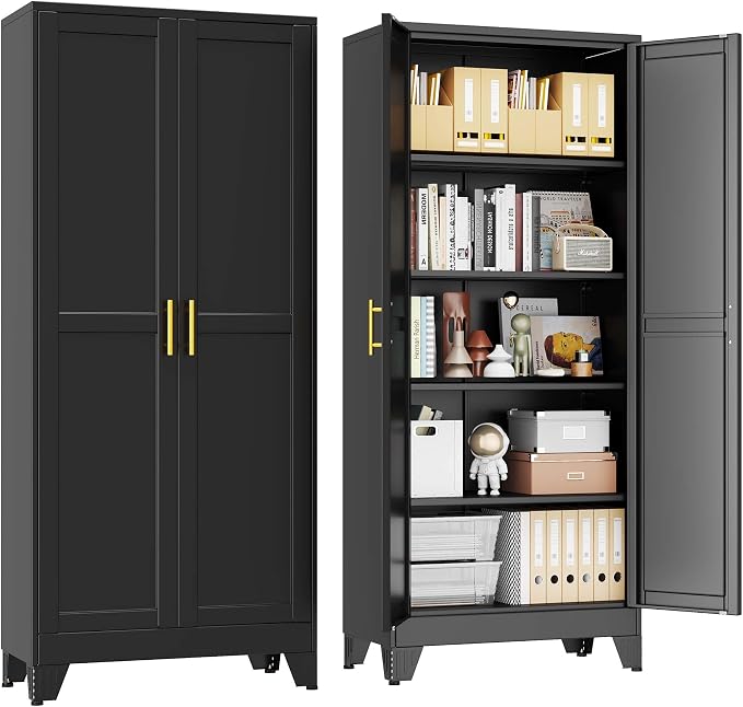 pozdeg 71" Tall Metal Storage Cabinet with 2 Doors & 4 Adjustable Shelves, Steel File Cabinet Multipurpose Organizer for Home Office Garage (Black)