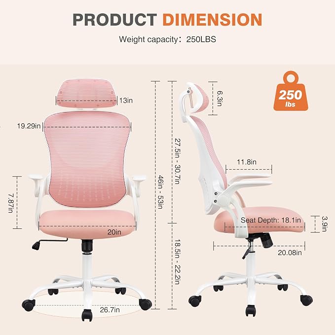 Sweetcrispy Office Computer Desk Chair, Ergonomic High-Back Mesh Rolling Work Chairs with Wheels and Adjustable Headrests, Comfortable Lumbar Support, Comfy Flip-up Arms for Home, Bedroom, Study, Pink