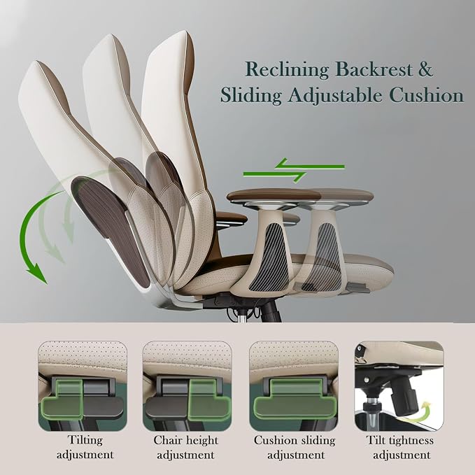 Ergonomic Genuine Leather Office Chair, Executive Chair with Tilt Adjustable High Back and Lumbar Support, 400lbs Weight Capacity Metal Base with 360° Flexible Wheels (Brown)