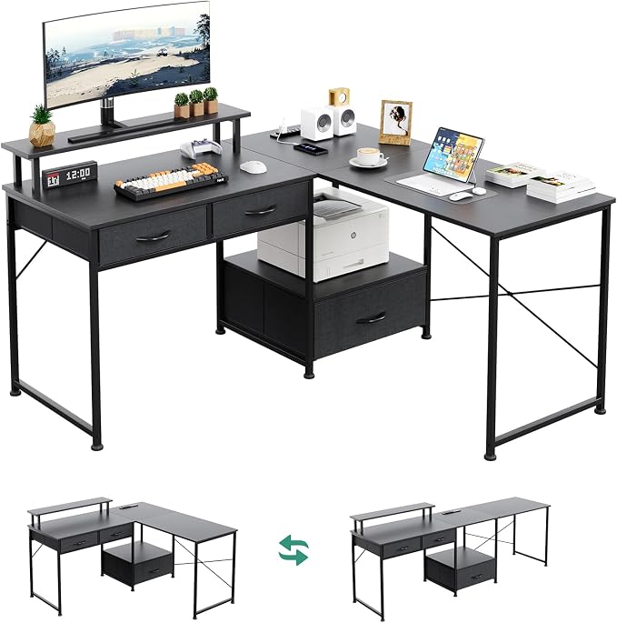 L Shaped Computer Desk, 78.7" Reversible Home Office Desk with Printer Storage Shelf & 3 Fabric Drawers, Two Person Desk with LED Lights & Power Outlet, Corner Gaming Desk with Monitor Shelf, Black