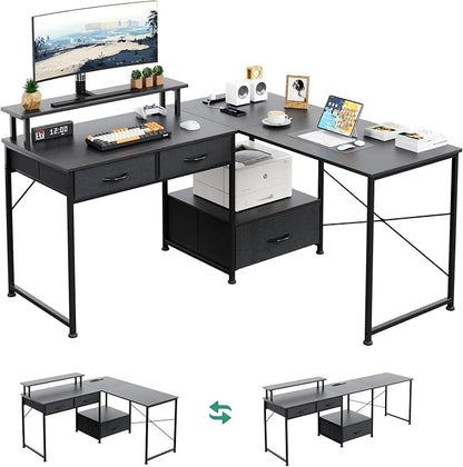 L Shaped Computer Desk, 78.7" Reversible Home Office Desk with Printer Storage Shelf & 3 Fabric Drawers, Two Person Desk with LED Lights & Power Outlet, Corner Gaming Desk with Monitor Shelf, Black