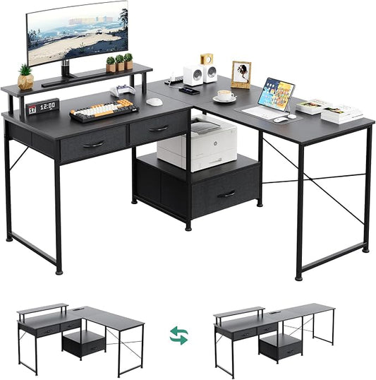 L Shaped Computer Desk, 78.7" Reversible Home Office Desk with Printer Storage Shelf & 3 Fabric Drawers, Two Person Desk with LED Lights & Power Outlet, Corner Gaming Desk with Monitor Shelf, Black