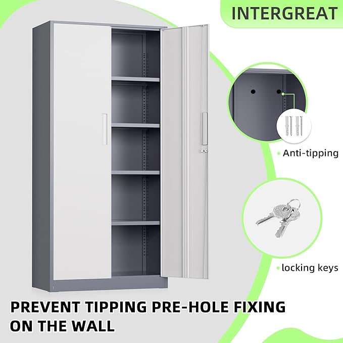 INTERGREAT Metal Storage Cabinet, 72" Locking Steel Cabinets with 2 Door and 4 Adjustable Shelves, Tall Metal Cabinet for Home Office, Garage, Warehouse, New Grey