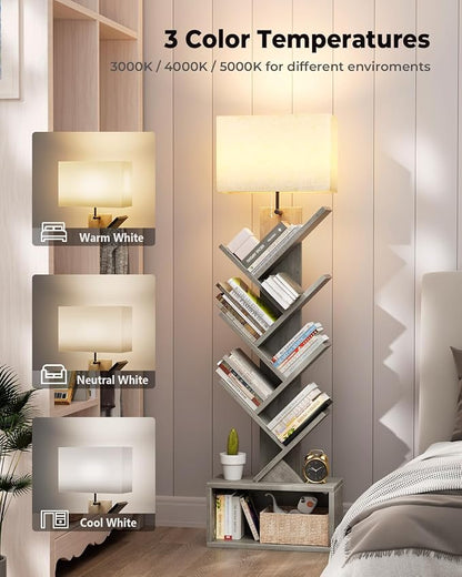 Evermagin 6 Tier Tree Bookshelf with Light, Narrow Bookcase Tower, Tall Floor Standing Book Shelf Organizer with Storage Cabinet for Living Room, Bedroom and Home Office, Gray