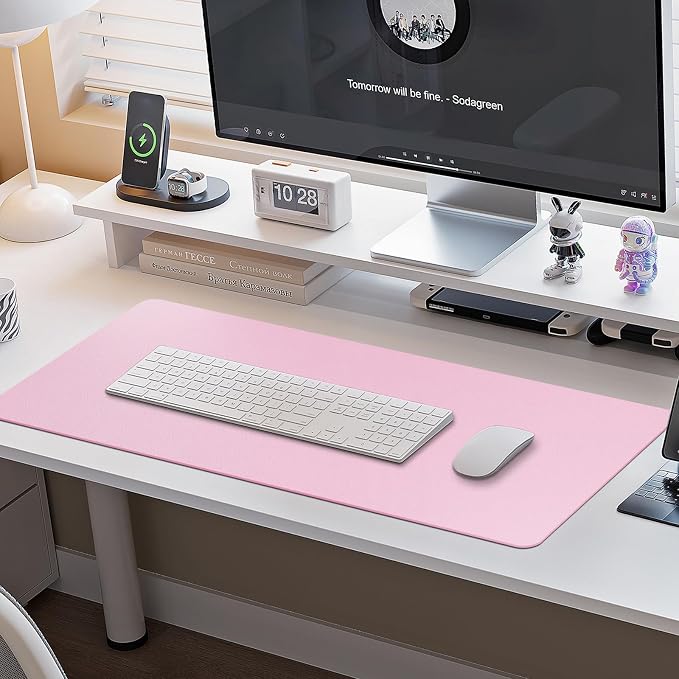 Boutilon Leather Desk Pad Protector,Non-Slip Mouse Pad,Laptop Desk Pad,Office Mouse Mat,Waterproof Leather Desk Blotter,Desk Writing Pad for Office and Home (S-Baby Pink,24"x 14")