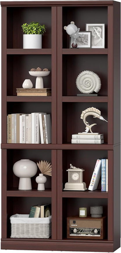 blini Wooden Bookshelf and Bookcase 5 Tier Narrow Bookshelves Set of 2, 72" Tall Bookshelf for Living Room, Home Office, Library (Mahogany, 5-Shelf Narrow)