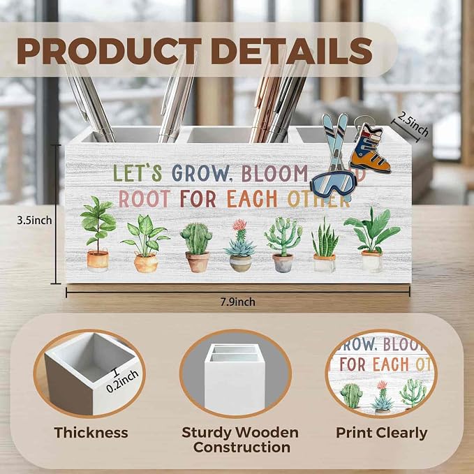 Boho Mental Health Classroom Pencil Pen Holder for Desk Organizer, Let's Grow Bloom and Root for Each Other Motivational Wooden Box Decorations for Therapy Office Desk Tabletop Decor