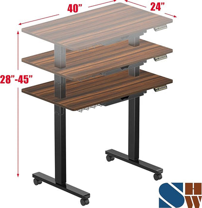 SHW 40-Inch Mobile Electric Height Adjustable Sit to Stand Desk with Drawer, Hanging Hooks and Cable Management, Walnut