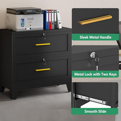 Metal Lateral File Cabinet with Lock,2 Drawer Steel Wide Filing Organization Storage Cabinets,Filing Cabinet for Legal/Letter/A4/F4 Size with Hanging Files&Key,Lockable Cabinet for Home Office