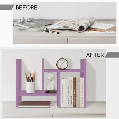 Jerry & Maggie Desktop Organizer Office Storage Rack Adjustable Wood Display Shelf Free Style Double H, Multi-Functional Mini Bookshelf for Desk Natural Stand (Violet/2 Pack)