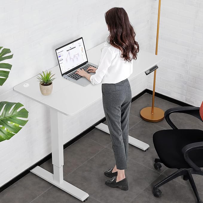 farexon Electric Standing Desk Adjustable Height, 55x24 Inches Computer Desk with 4 Preset Heights, Double Metal Hook, Rolling Wheels, Multifunctional Stand up Desk for Home/Office(White)