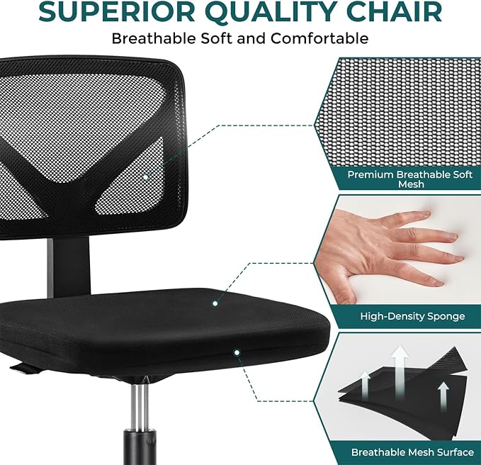 DUMOS Small Office Chair Armless, Ergonomic Adjustable Home Office Swivel Rolling Task Chair No Arms, Comfy Mesh Mid Back Computer Work Vanity Desk Chiars with Wheels for Small Spaces, Inky