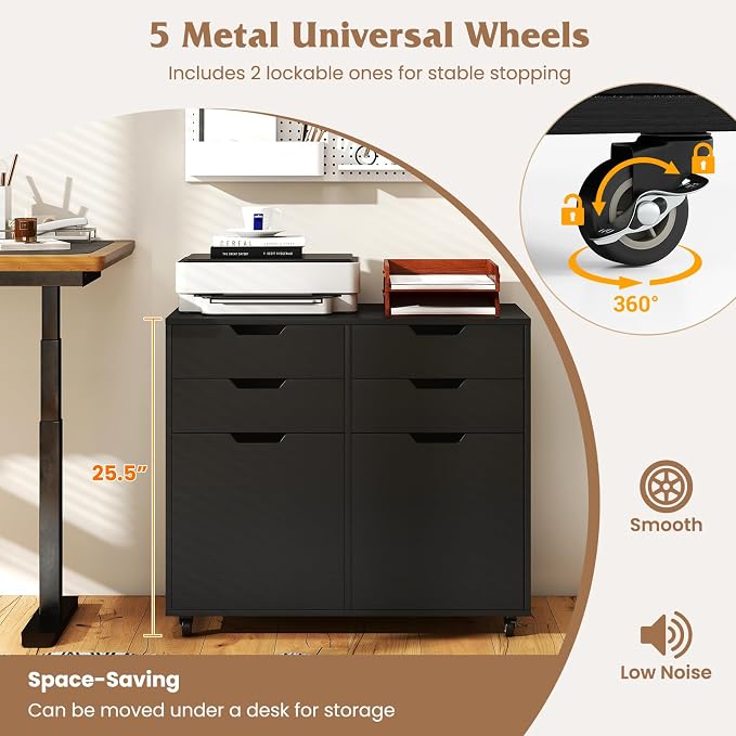 Giantex 4-Drawer File Cabinet, Rolling Printer Stand with 2 Lockable Wheels, Wooden Lateral Filing Cabinet, Load 298 Lbs, Under Desk Craft Storage Organizer for Home Office Organization (Black)