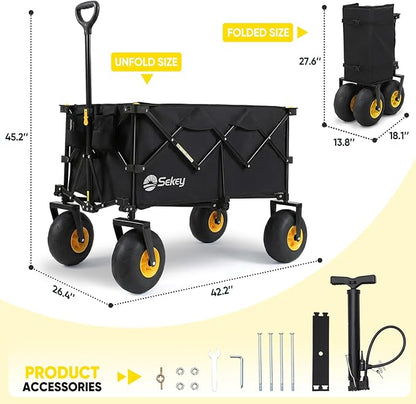 Sekey Heavy Duty Beach Wagon with 9" Big Sand-Proof Wheels – 600lb Capacity, 200L Oversized Foldable Cart | Adjustable Handle & All-Terrain Tires for Sand, Camping, Groceries