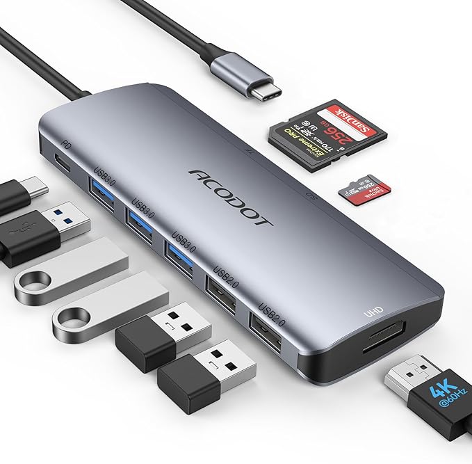 USB C Hub, 9-in-1 Multi-Port USB Adapter, 4K@60Hz HDMI, 100W Max PD, 3 USB3.0(5Gbps) + 2 USB2.0 Data Ports, SD/TF Card Reader for MacBook, iPad Pro, Dell, HP, Lenovo, Windows Laptop