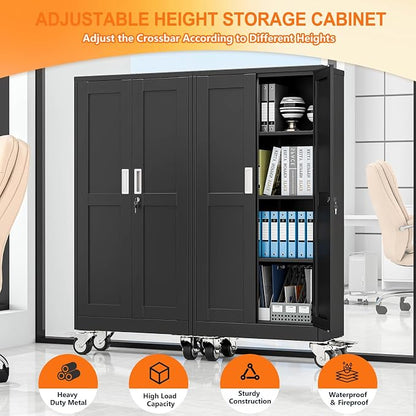 pozdeg 61" Metal Garage Storage Cabinets with Wheels, Lockable Rolling File Cabinets with 2 Doors and 3 Adjustable Shelves, Steel Tool Organizer Locker for Office Home Garage Gym School, Black