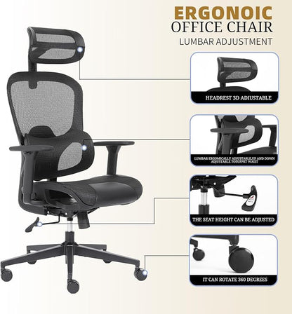 Ergonomic mesh Office Chair with Lumbar Support - Adjustable seat Height to Relieve Back Pain, Suitable for Comfortable Work and Gaming at Home (Black 1)