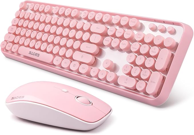 Pink Keyboard and Mouse Wireless, Keyboard for Long Nails, Typewriter Style Pink Keyboard with Round Keys, 2.4GHz Cute Bubble Full Size Keyboard and Mouse Combo with Number Pad for PC Laptop Desktop