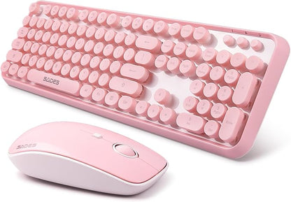 Pink Keyboard and Mouse Wireless, Keyboard for Long Nails, Typewriter Style Pink Keyboard with Round Keys, 2.4GHz Cute Bubble Full Size Keyboard and Mouse Combo with Number Pad for PC Laptop Desktop