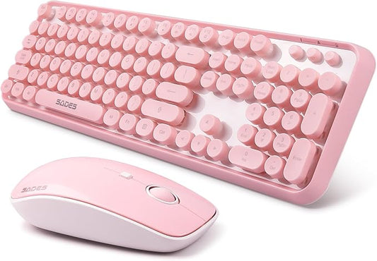 Pink Keyboard and Mouse Wireless, Keyboard for Long Nails, Typewriter Style Pink Keyboard with Round Keys, 2.4GHz Cute Bubble Full Size Keyboard and Mouse Combo with Number Pad for PC Laptop Desktop
