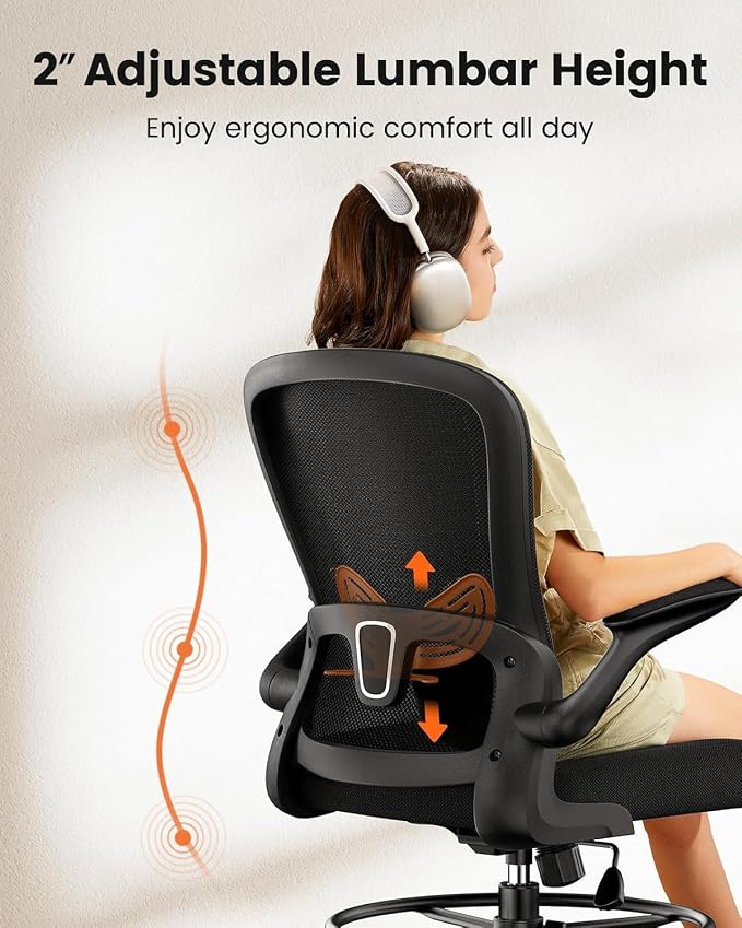 ErGear Drafting Chair, Standing Desk Chair with Flip-Up Armrests, High Desk Chair Adjustable Height, Ergonomic Tall Office Chair with Lumbar Support and Adjustable Footrest Ring,6 Pack
