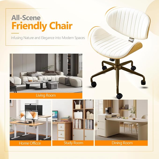 VINGLI Wide Comfotable Swivel Home Office Chair with Wood-Grain Curved Shell,Ergomomic Mid-Back Padded Armless Rolling Desk Chair with Wheels,Height Adjustable for Computer,Task,Work,PU Leather,White