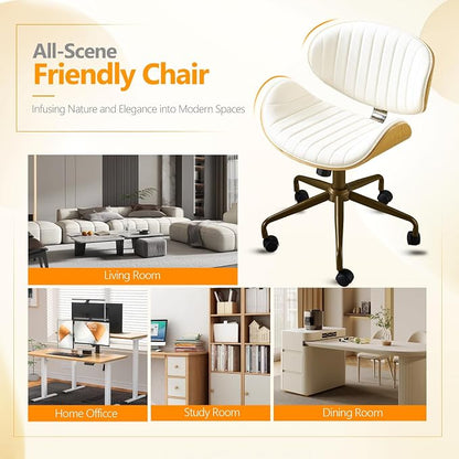 VINGLI Wide Comfotable Swivel Home Office Chair with Wood-Grain Curved Shell,Ergomomic Mid-Back Padded Armless Rolling Desk Chair with Wheels,Height Adjustable for Computer,Task,Work,PU Leather,White