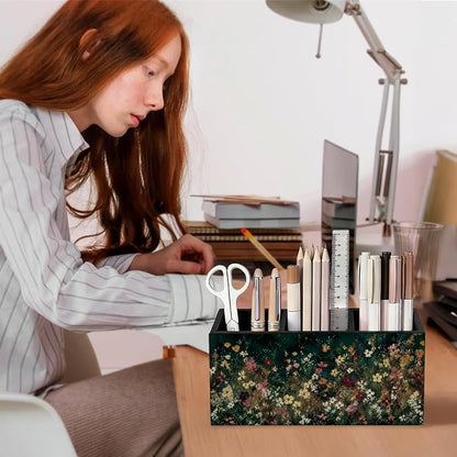 Moody Floral Pen Pencil Holder for Office Desk Accessories Decor | Cottagecore Office Accessories for Women, Wildflower Pen Pencil Wooden Organizer Decorations for Dorm Room Bedroom Tabletop