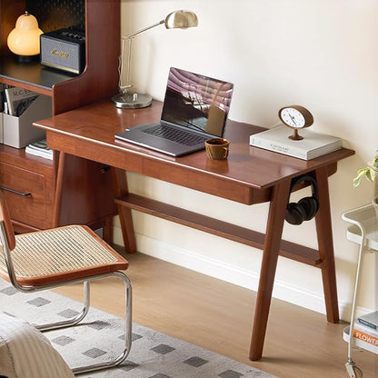 100% Solid Wood Desk Home Office Desk Mid Century Modern Rubberwood Writing Computer Desk with Drawer for Home Office 47" W