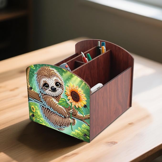 Diamond Painting Wooden Desk Organizer, Sloth with Sunflower Design DIY Diamond Art Storage Box for Tabletop Decoration, Crystal Rhinestones Art Desktop Ornament Kit for Adults