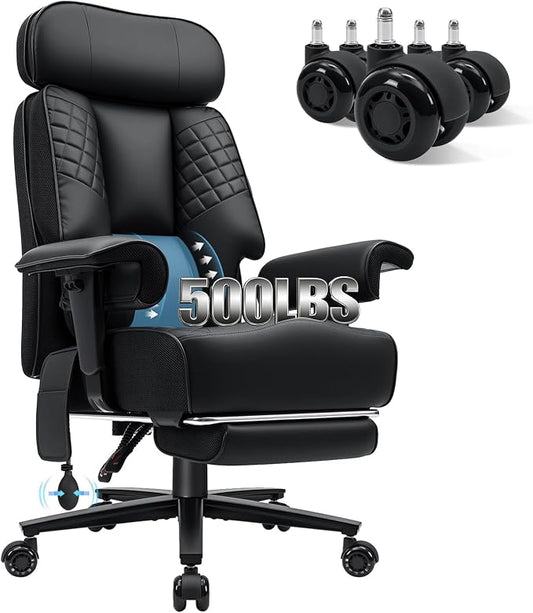 HOFFREE 500lbs Big and Tall Office Chair for Heavy People Executive Desk Chair with Adjustable Lumbar Support Comfy Wide Office Chair,Adjustable Padded Armrest,PU Leather,Black