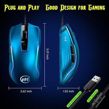memzuoix Wired Gaming Mouse with RGB - 6 Adjustable DPI up to 12800, 6 Buttons, 12 Lighting Modes, Ergonomic Design with Anti-Slip Rubber Wheel, 5.6ft Braided Cable for PC/Mac/Windows - Blue