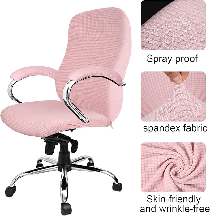 Tatuo 3 Pcs Computer Office Chair Cover Universal Rotating Chair Slipcovers Protector Removable Washable Office Armrest Covers with Zipper for High Back Seat Backrest(M,Waffle,Pink)
