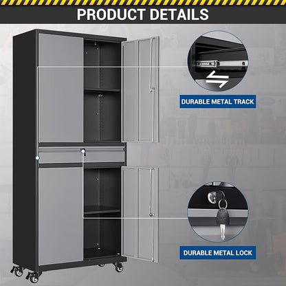 Fesbos 73" Metal Cabinet-Black&Gray Heavy Duty Rolling Storage Cabinet Steel Tool Cabinets with Wheels, Shelves, Lockable Doors and Drawers- for Garage, Pantry, Warehouse - Assembly Required