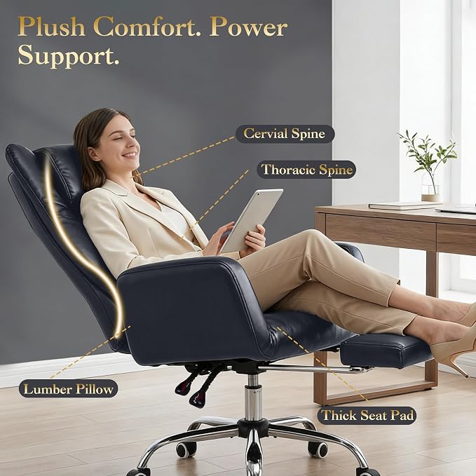 High Back Executive Office Chair with Footrest, Reclining PU Leather, Lumbar Support, Criss Cross Style, 155° Recline, Black (Black)
