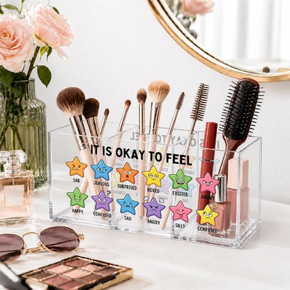 It Is Okay To Feel Acrylic Pen Holder Organizer with 3 Compartments, Mental Health Emotional Desk Organizer Accessory for Psychologist, Office Appreciation Gifts for Therapy Counselor Coworker