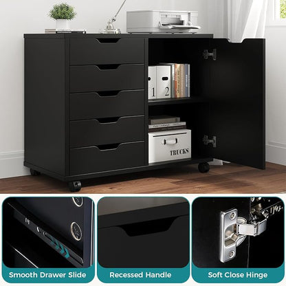 OLIXIS Under Desk Mobile File Cabinet, MDF Rolling Printer Storage Cabinet with 5 Drawers & Side Cabinet, Smooth Gliding Office Storage Organizer for Home Office, Black