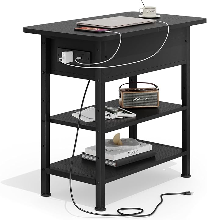 GRUSIGN End Table with Charging Station, Flip Top Side Table with USB Ports and Outlets, 3-Tier Small Side Table with Storage for Small Space, End Tables for Living Room/Bedroom, Black