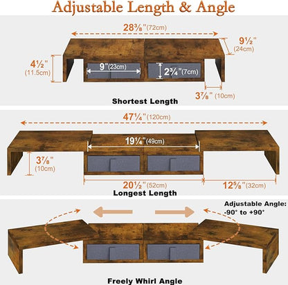 TEAMIX Dual Monitor Stand Riser - Length and Angle Adjustable White Monitor Stand with 2 Drawers to Storage Large Computer Riser for 2 Monitors/Laptop/PC, Wood Screen/TV Stand Desk Organizer (Brown)