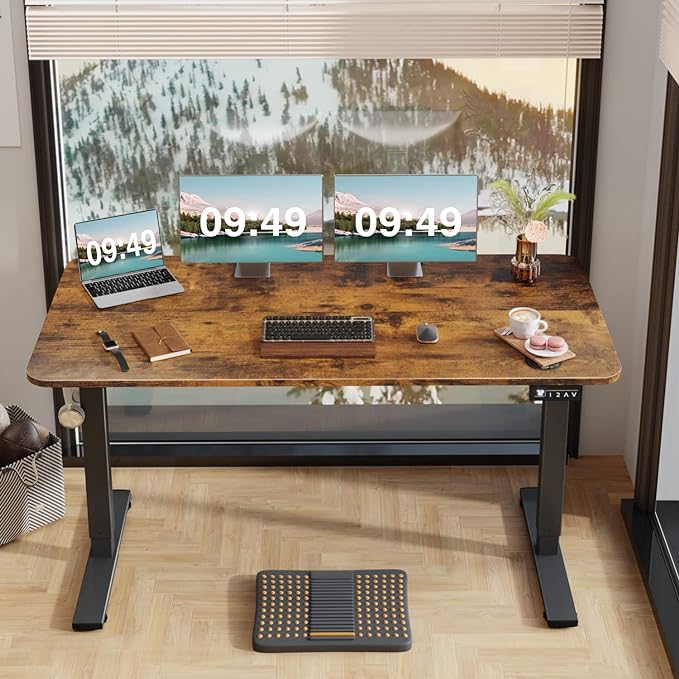 Furmax Electric Height Adjustable Standing Desk Large 55 x 24 Inches Sit Stand up Desk Home Office Computer Desk Memory Preset with T-Shaped Metal Bracke, Brown