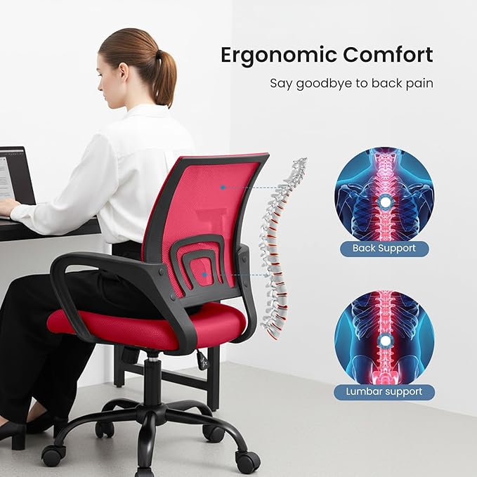 OLIXIS Office Desk Chair - Ergonomic Mid Back with Lumbar Support & Rocking Mode, Height Adjustable with Fixed Armrest, Storage Back for Computer, Gaming, Conference, Meeting Room, 360° Swivel, Red