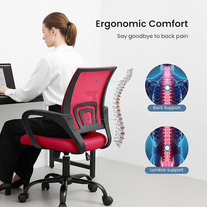 OLIXIS Office Desk Chair - Ergonomic Mid Back with Lumbar Support & Rocking Mode, Height Adjustable with Fixed Armrest, Storage Back for Computer, Gaming, Conference, Meeting Room, 360° Swivel, Red