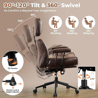 ovios Ergonomic Office Chair, High Back Faux Leather Executive Chairs with Thick Cushion, Comfy Mid-Century Modern Swivel Rolling Computer Armchair (Dark Brown, PU Leather)