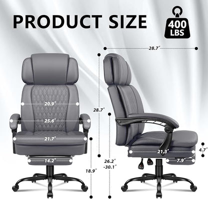 Office Chair with Foot Rest 400lbs, Heavy Duty Executive Leather Office Chair for Heavy People,Big and Tall High Back Ergonomic Comfy Office Desk Chair with Lumbar Support,Grey