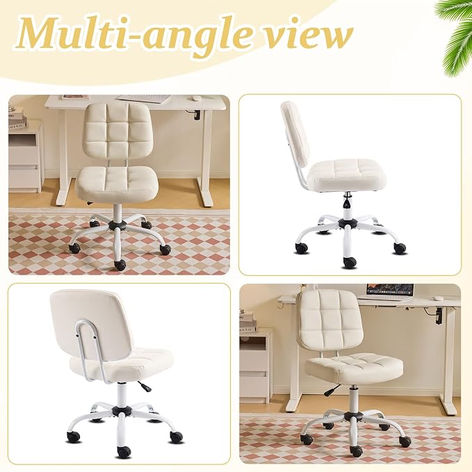 VINGLI Compact Small Desk Chair, Cute Armless Chair with Wheels, Vanity Chair with Low Back, Height Adjustable Task Chair for Small Spaces, Office, Bedroom, Make Up Room, PU Leather, White