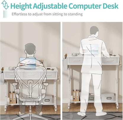 White Portable Rolling Computer Desk - 40 Inch Adjustable Mobile Standing Teacher Desks with 3 Fabric Drawers on Wheels, Couch Sofa Side Laptop Stand Up Table with Storage for Home Office, White