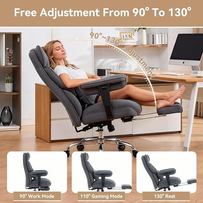 Efomao Executive Office Chair, Bluegrey Fabric Big and Tall Desk Chair | Breathable fabric, pocket spring & foam seat, retractable footrest, 135° recline for computer gaming setup