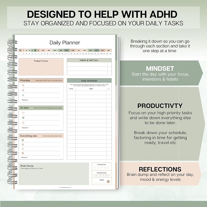 ADHD Daily Planner for Neurodivergent Adults - Productivity Daily Planner & Task Management to Stay Organized and Focused (Green)
